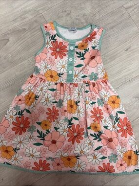 Girls' Pink Floral Sleeveless Dress with Green Trim and Buttons